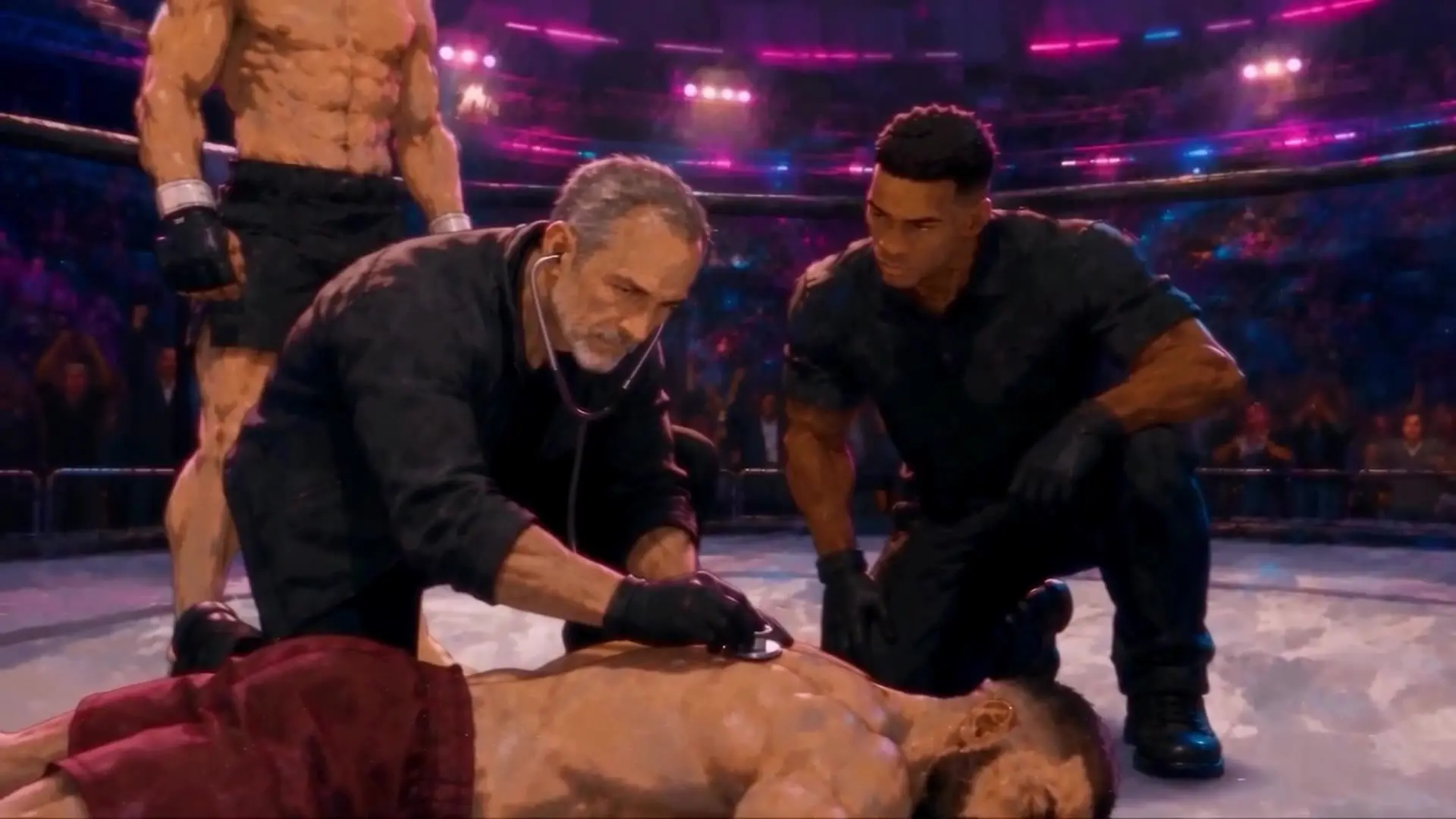 The medical team enters the cage after the fight
