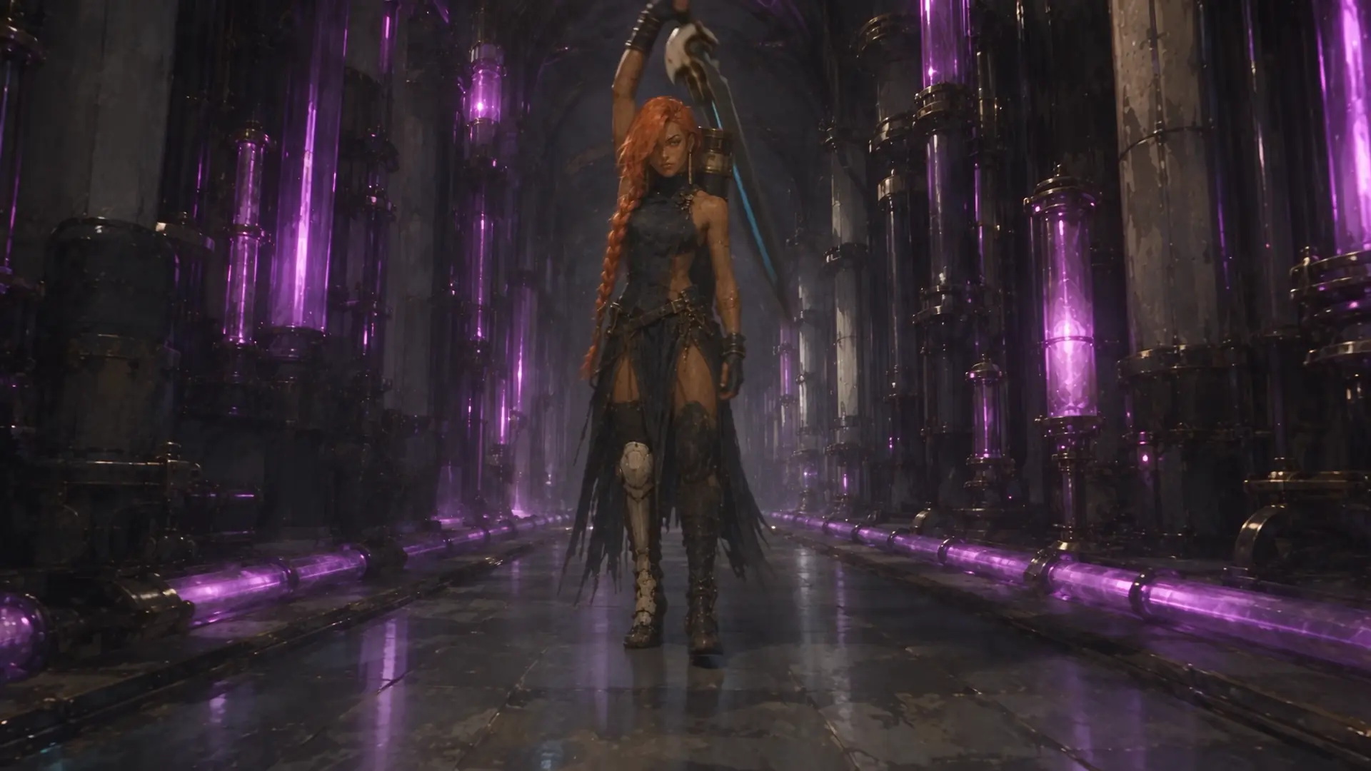 Aline steps into the corridor with her sword