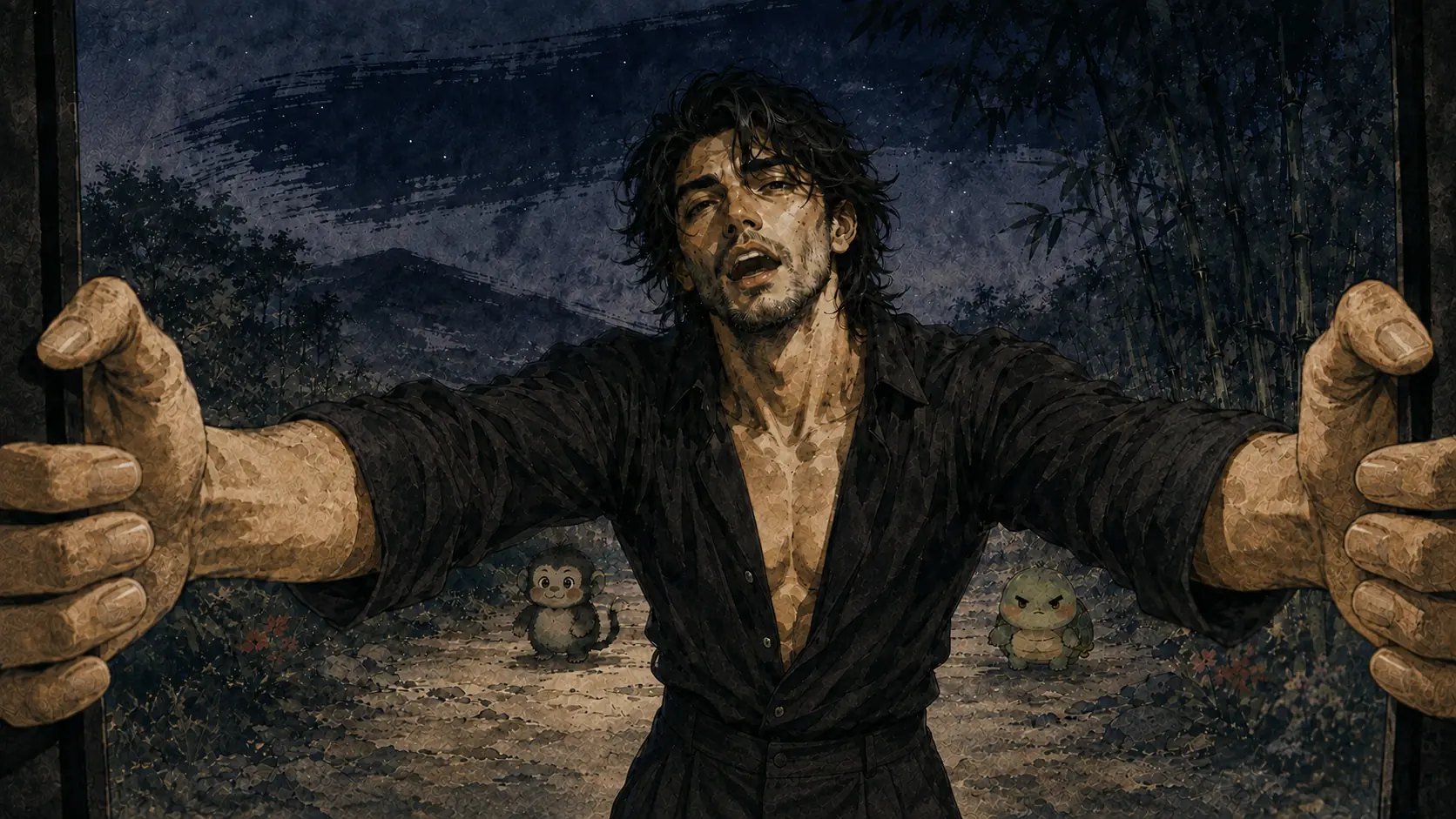 The protagonist reaches for the camera inside the moonlit ink world