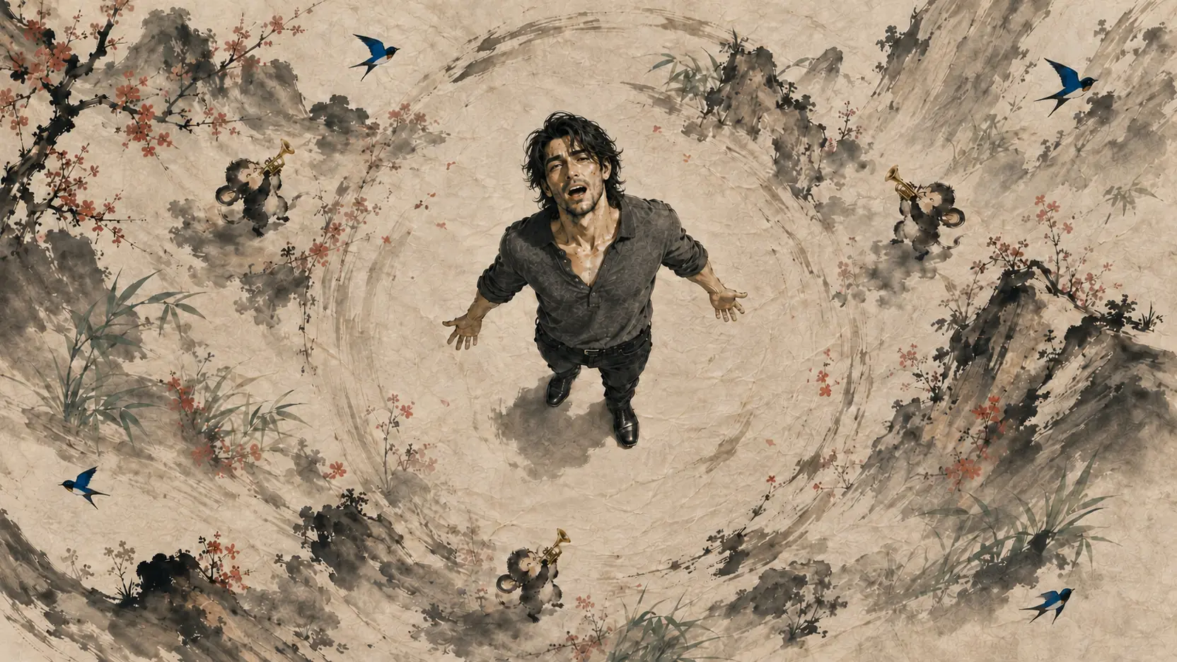 The protagonist of THE ONE beneath a monumental ink brush